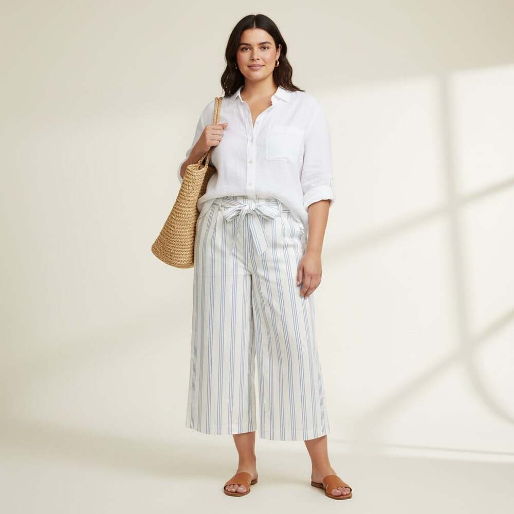Alex Marie Wide Leg Stripe Crop Pants Women's 18 Blue White Tie Waist Culotte